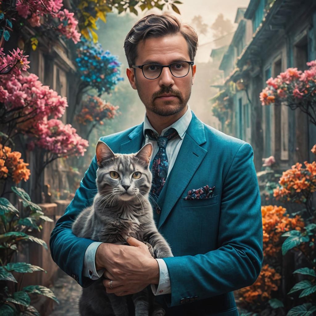 Man in Blue Suit Holding Grey Cat