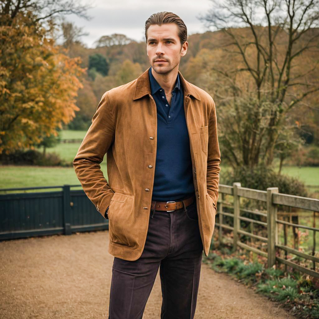 Stylish Man in Suede Jacket Standing Outdoors on Country Path