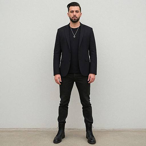 Confident Man in Black Blazer and Boots Standing Against Gray Wall