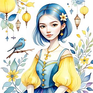 Whimsical Young Woman with Blue Hair and Floral Elements