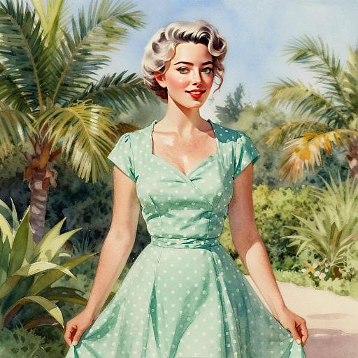 Retro Woman in Mint Polka Dot Dress in Tropical Garden Art