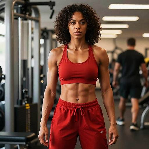 Strong Woman in Red Workout Clothing at Gym