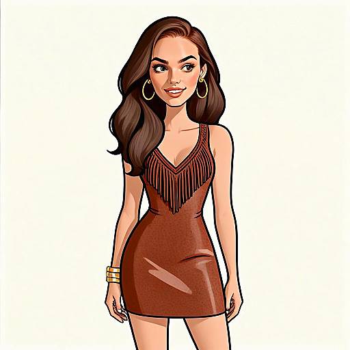 Bohemian Woman in Stylish Chocolate Brown Dress Digital Illustration