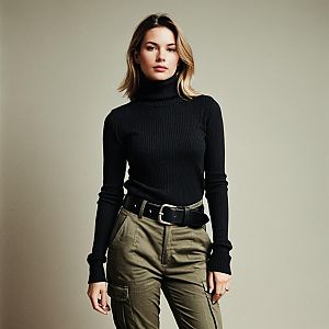 Woman in Black Turtleneck and Olive Cargo Pants Casual Fashion Portrait