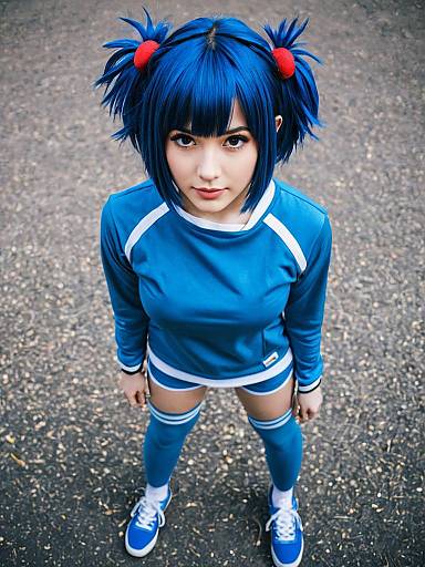 Young Woman in Blue Sporty Outfit with Blue Hair Pigtails
