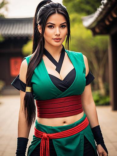 Woman in Vibrant Samurai-inspired Costume Outdoors