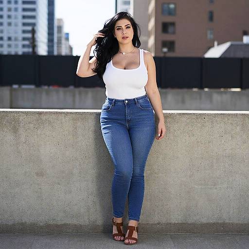 Confident Woman in White Tank Top and Blue Jeans Urban Fashion Pose