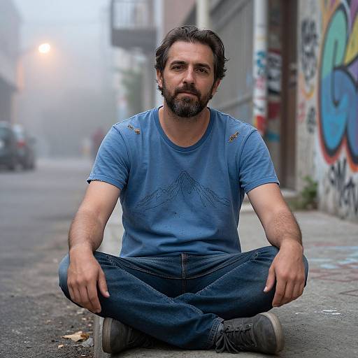 Casual Man Sitting Cross-Legged on Graffiti Urban Street