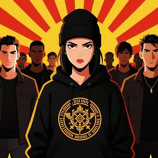 Determined Young Woman Leading Group in Bold Graphic Digital Art