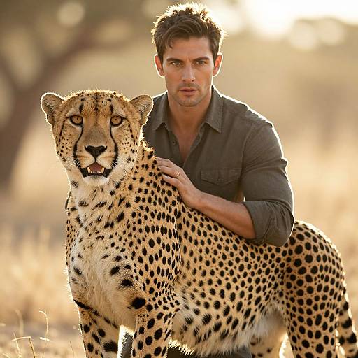 Man with Cheetah in Sunlit Wildlife Portrait