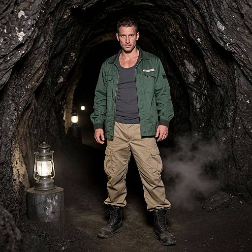 Man in Military Style Outfit Standing in Dark Cave with Lanterns