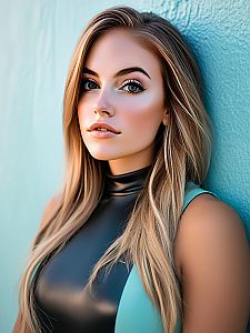 Young Woman in Sleek Top Against Teal Wall