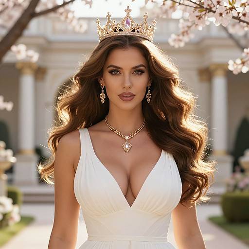 Regal Woman in Elegant White Gown Wearing Golden Crown in Garden