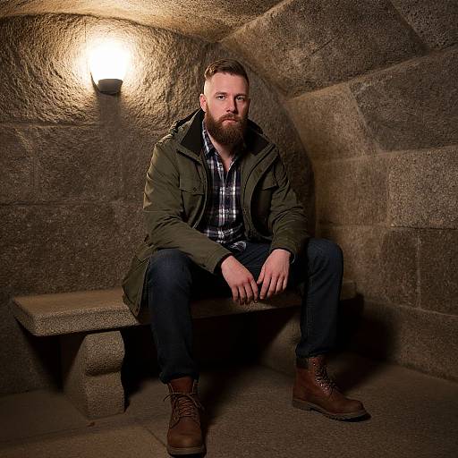 Bearded Man Sitting on Stone Bench in Dimly Lit Room