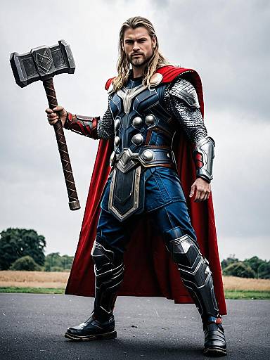 Man in Thor Love and Thunder Costume Full Body Cosplay Photo with Hammer