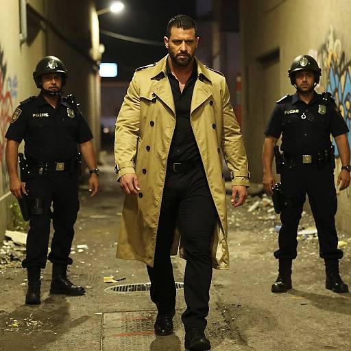 Man in Trench Coat Walking with Police Officers in Gritty Alleyway