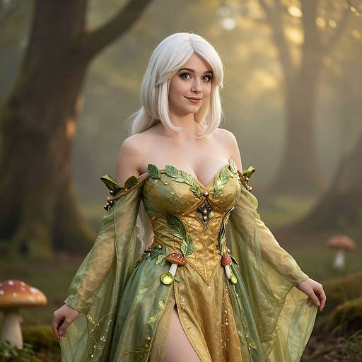 Fantasy Woman in Enchanted Forest Green Gold Costume