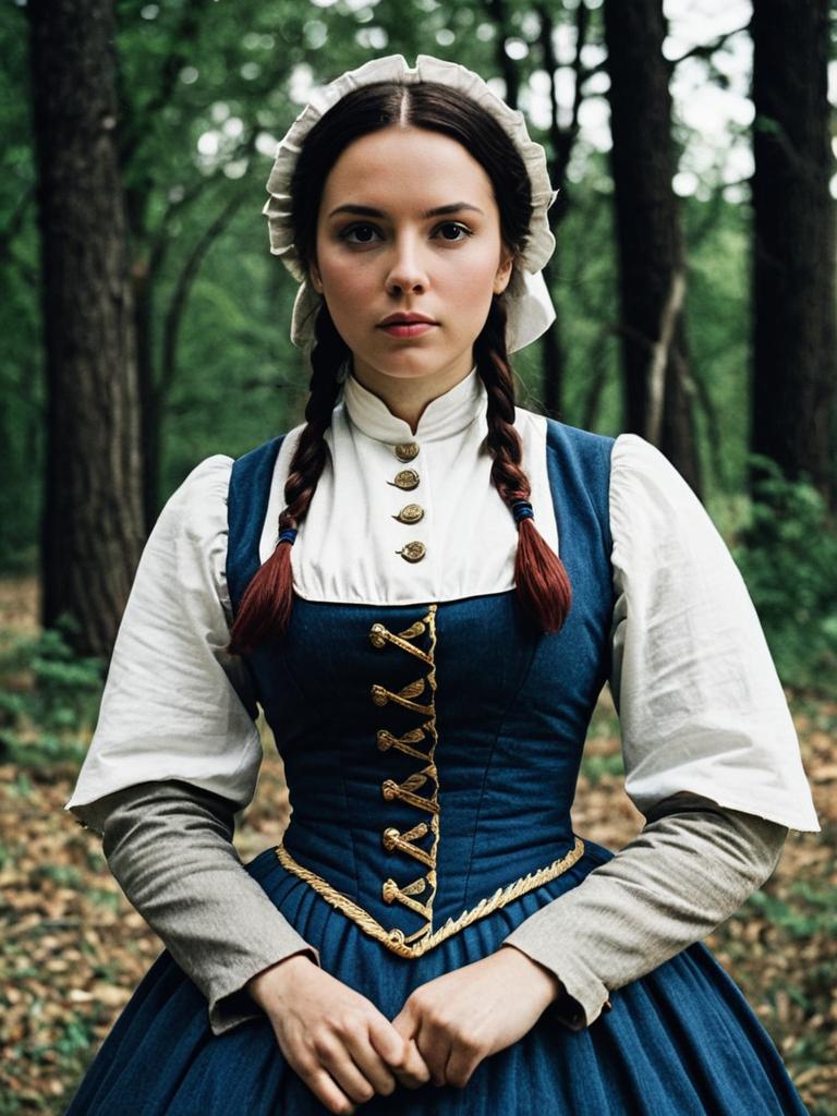 Woman in Vintage Dress in Forest
