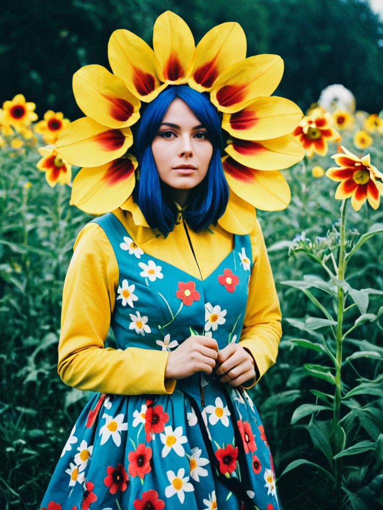 Woman in Flower Costume with Sunflower Headpiece Cinematic Cosplay