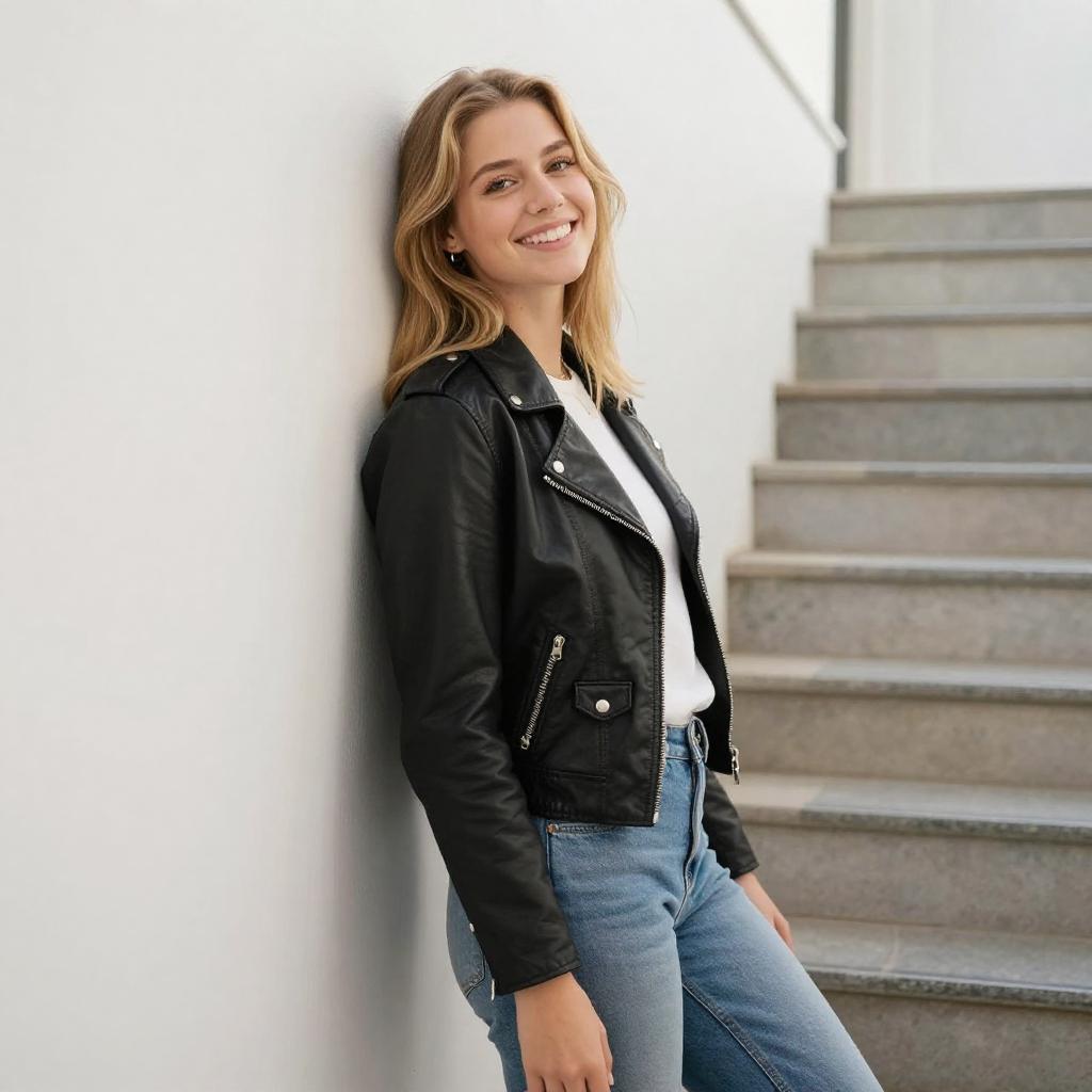 Trendy Gen Z Woman in Black Leather Jacket and Jeans Smiling