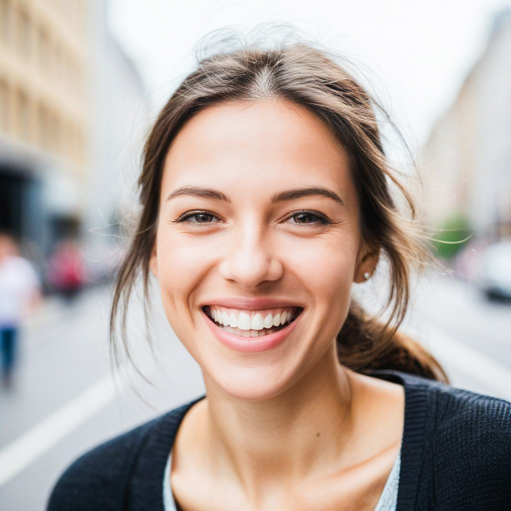 Close-up portrait of a smiling young woman in the city