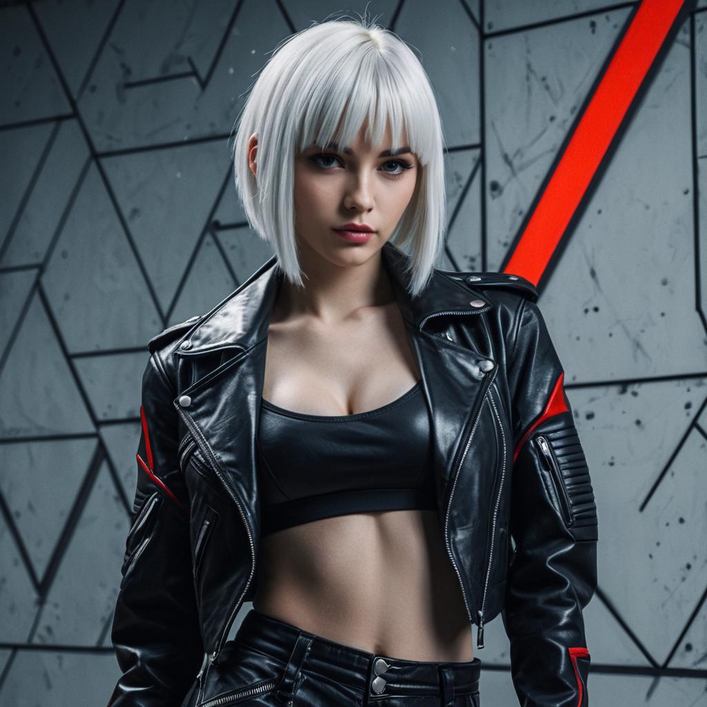 Platinum Blonde Woman in Black Leather Jacket with Cyberpunk Style