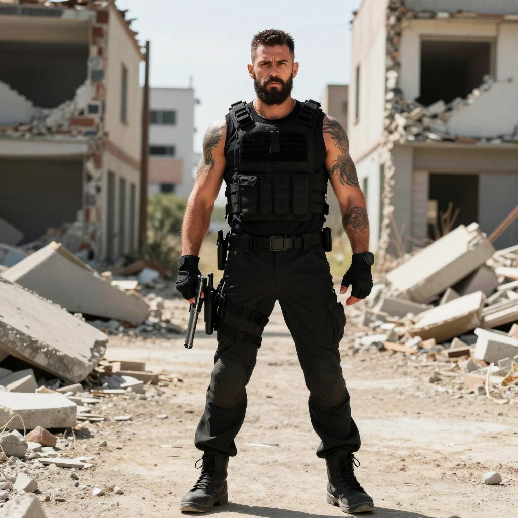 Tactical Man in Military Gear Standing in War-Torn Urban Environment