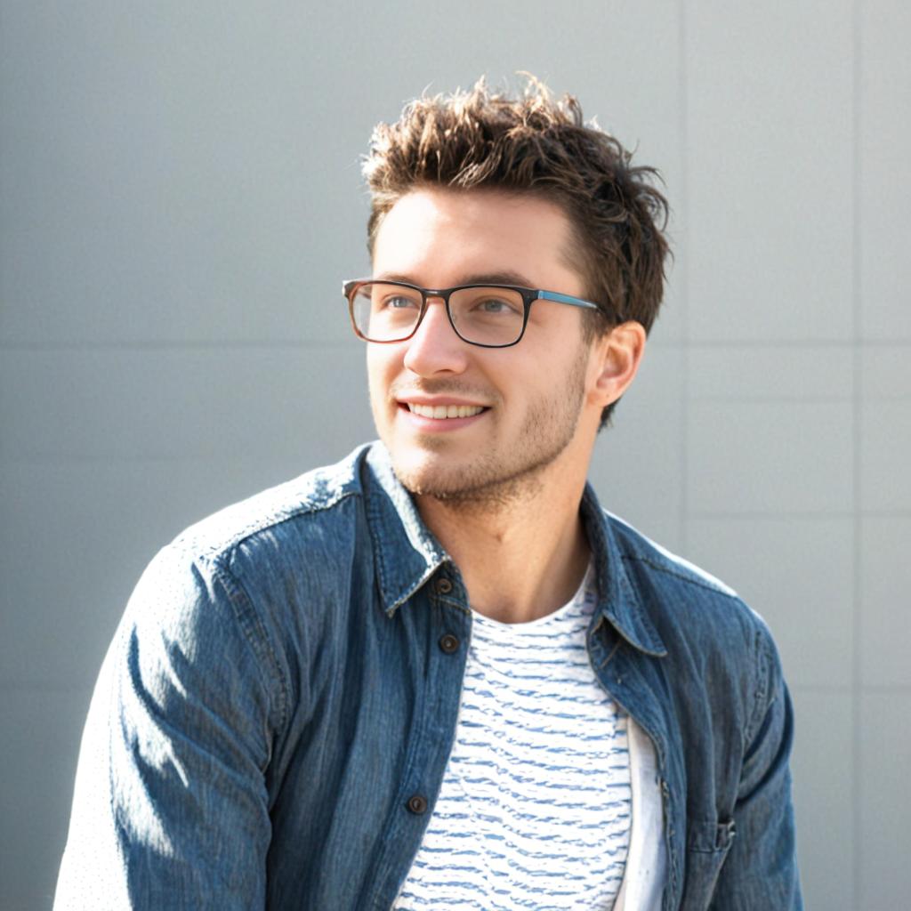 Smiling man in denim shirt and glasses