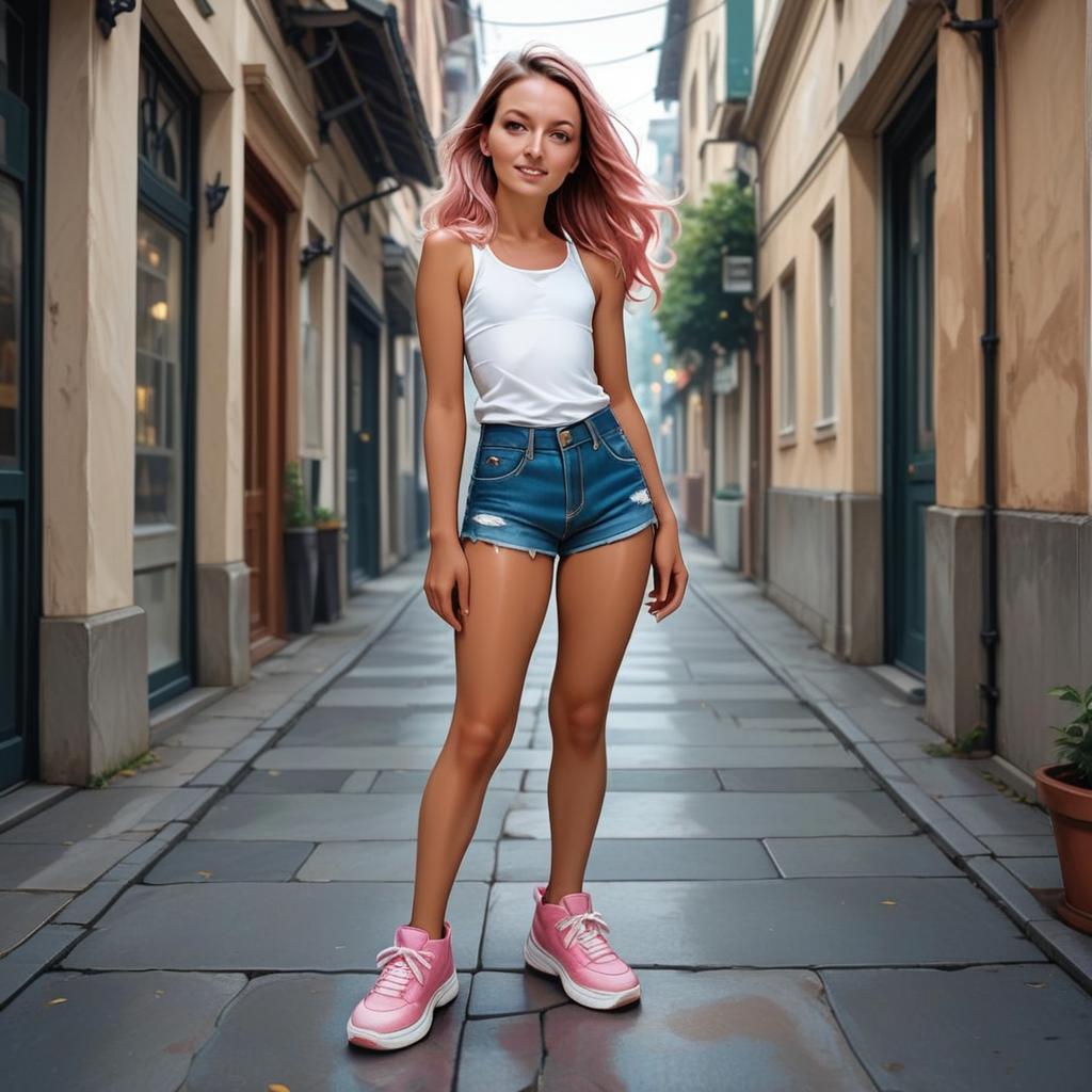 Young Woman with Pink Hair in Casual Outfit on Urban Alleyway