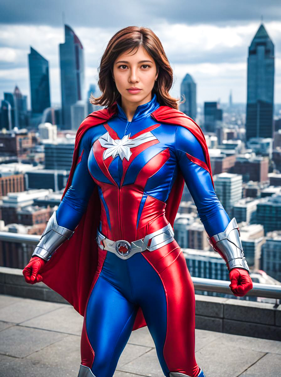 Woman in Captain Britain Costume with Cityscape