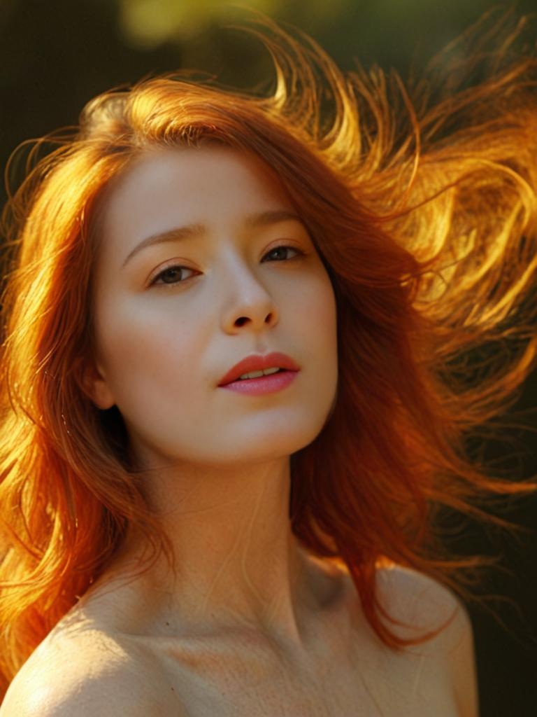 Woman with Flowing Red Hair in Golden Light