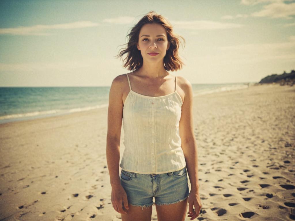 Woman on Sandy Beach under Clear Sky