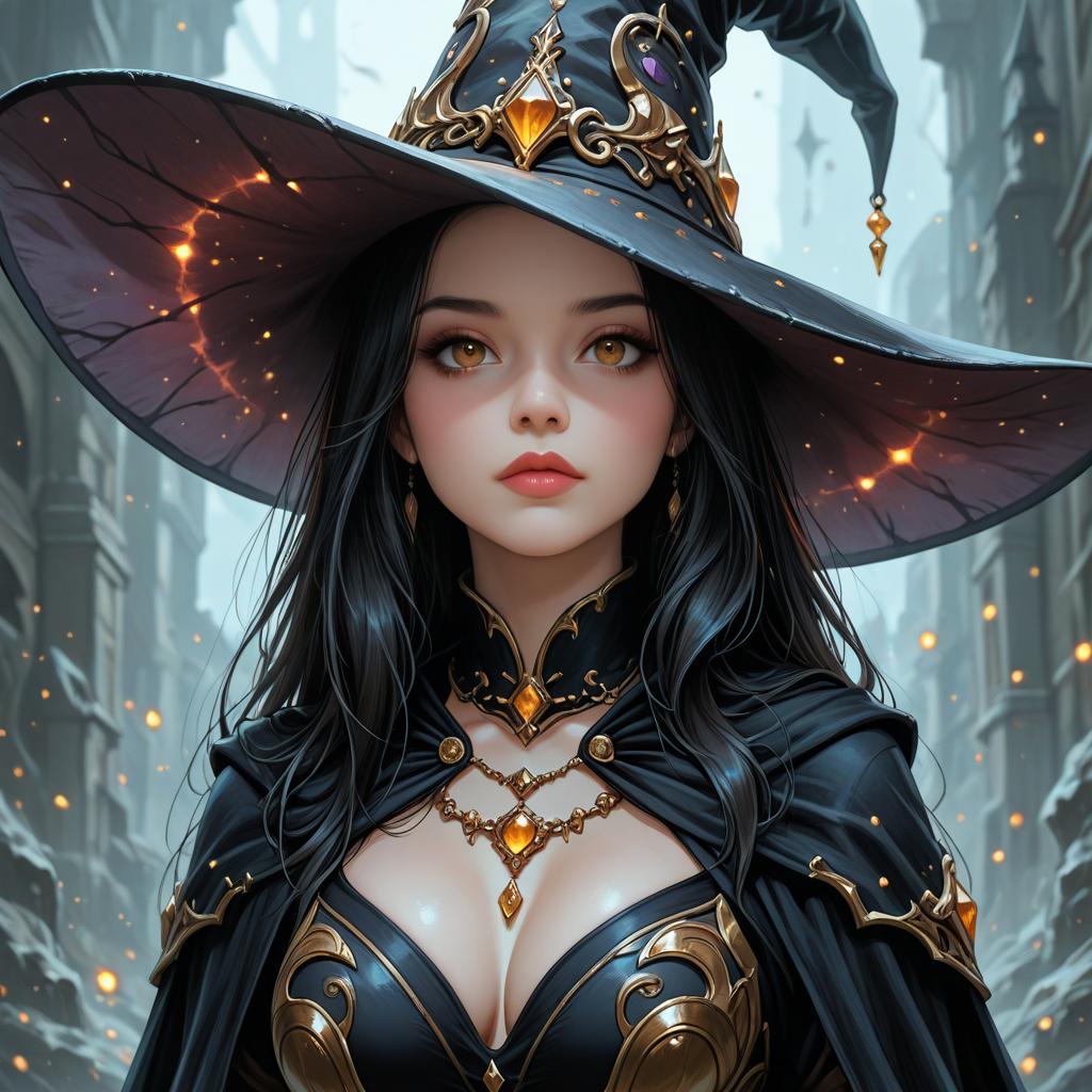 Fantasy Witch Illustration with Gold Accents