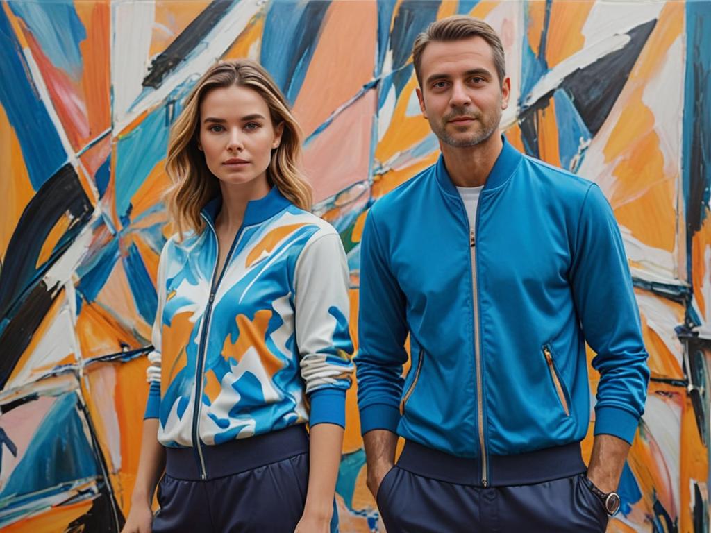 Stylish Couple in Sporty Jackets by Abstract Painting