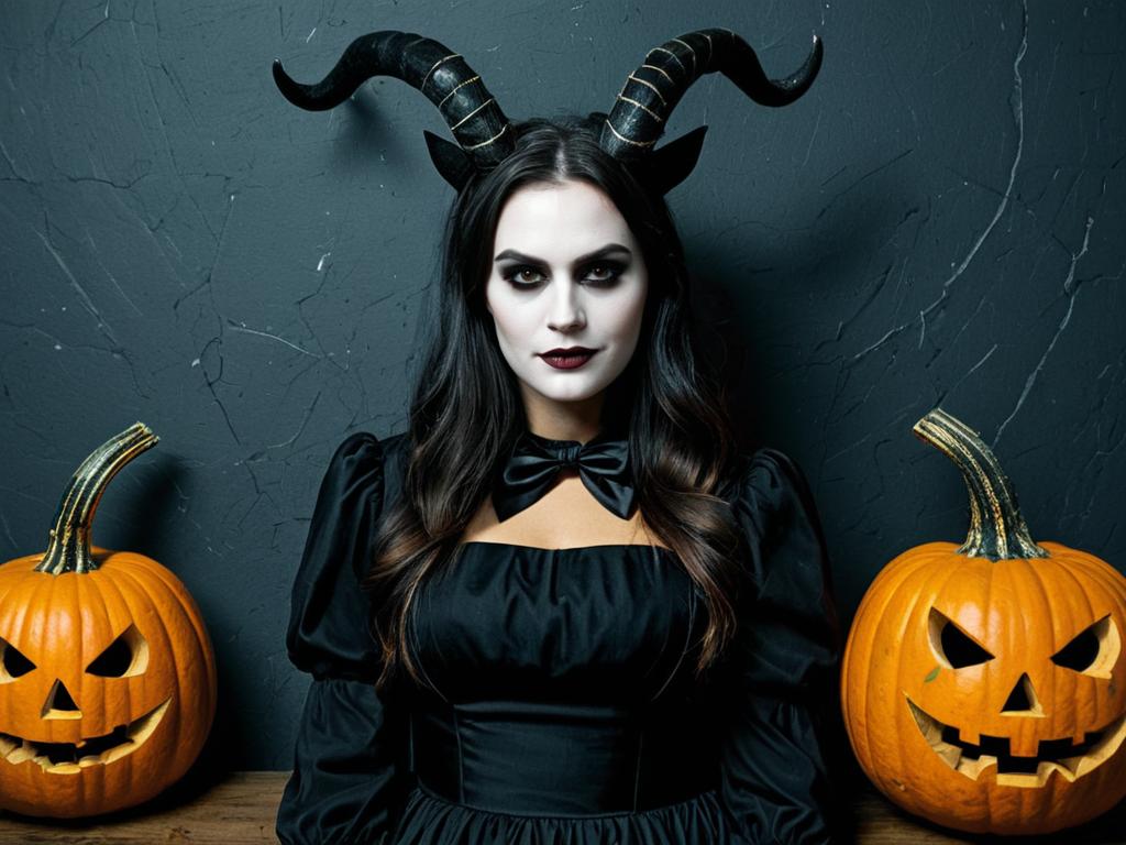 Woman in Black Halloween Costume with Horns and Jack-o-Lanterns