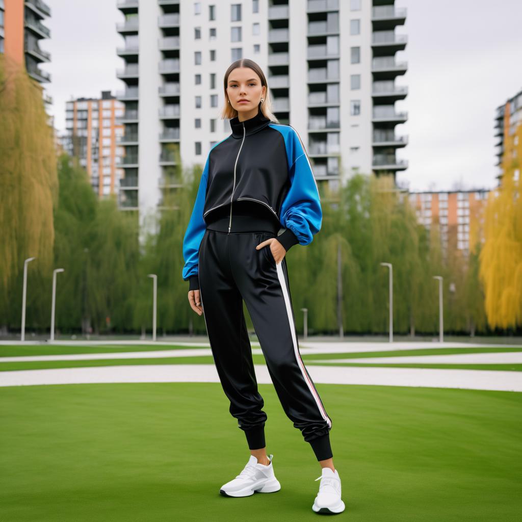 Confident Woman in Black and Blue Athleisure Outfit