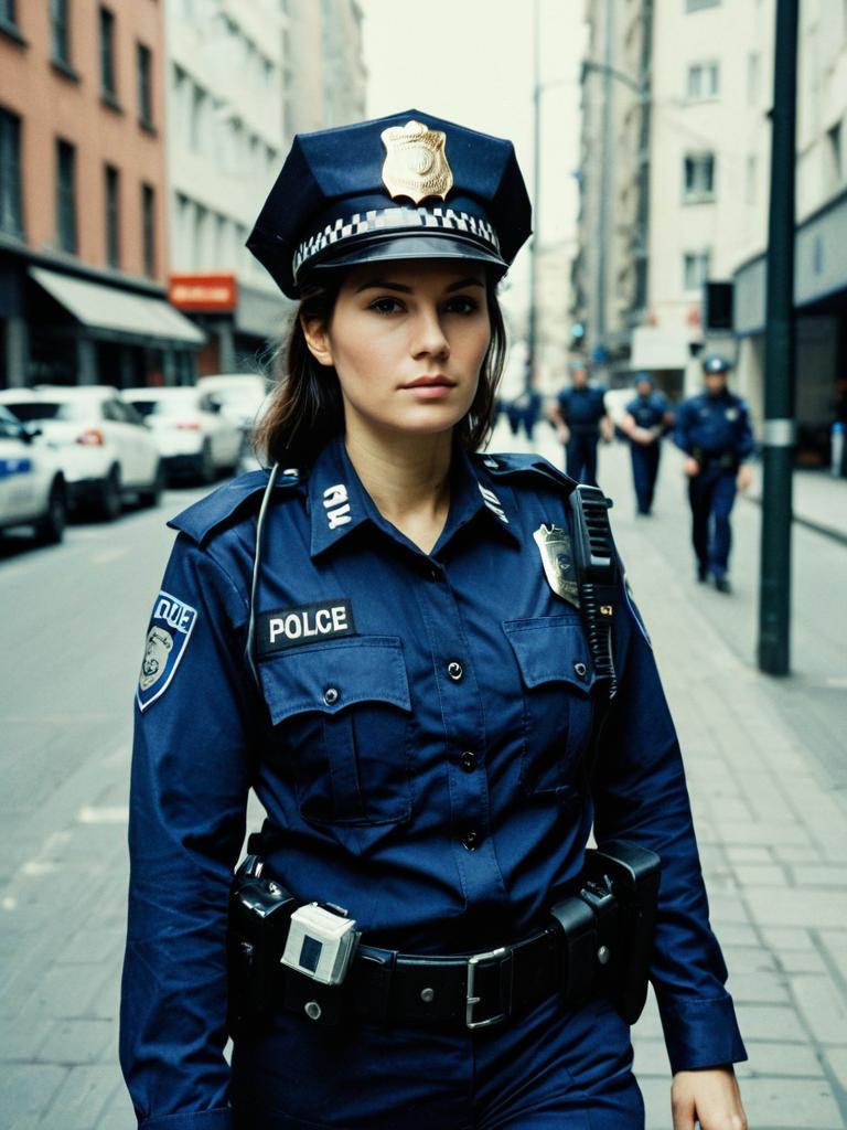 Photorealistic Woman in Police Costume on City Street