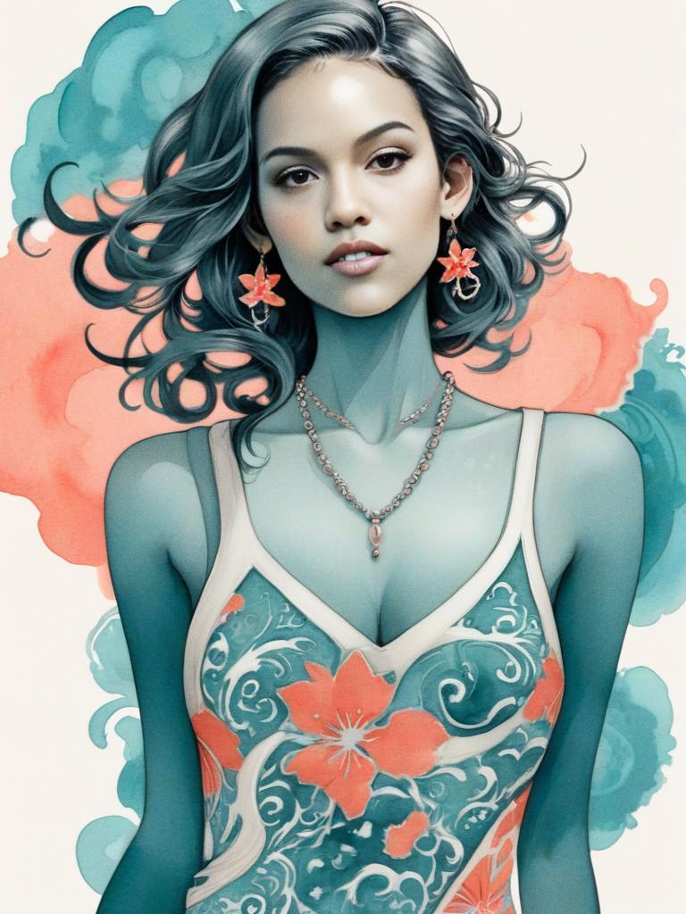 Young Woman with Floral Jewelry in Abstract Teal and Coral Young Woman with Floral Jewelry in Abstract Teal and Coral