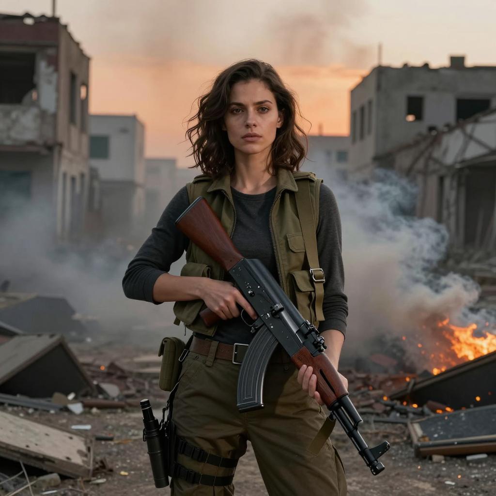 Woman Soldier Holding Assault Rifle in War-Torn Urban Battlefield