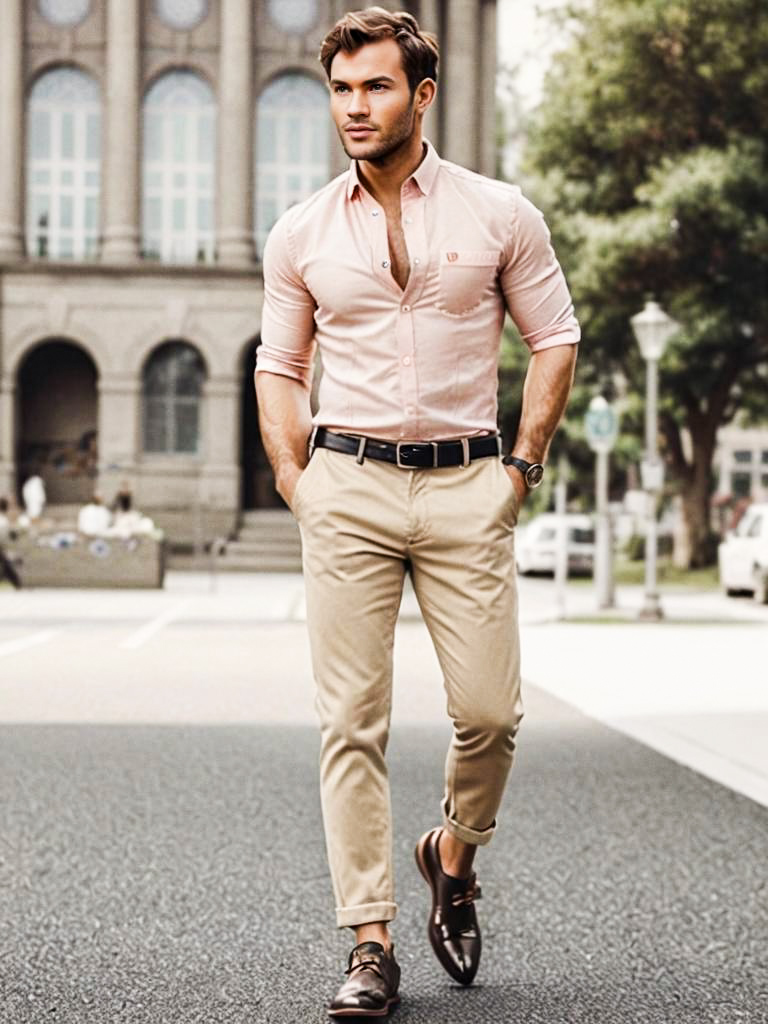 Stylish Man in City with Pink Shirt and Beige Trousers