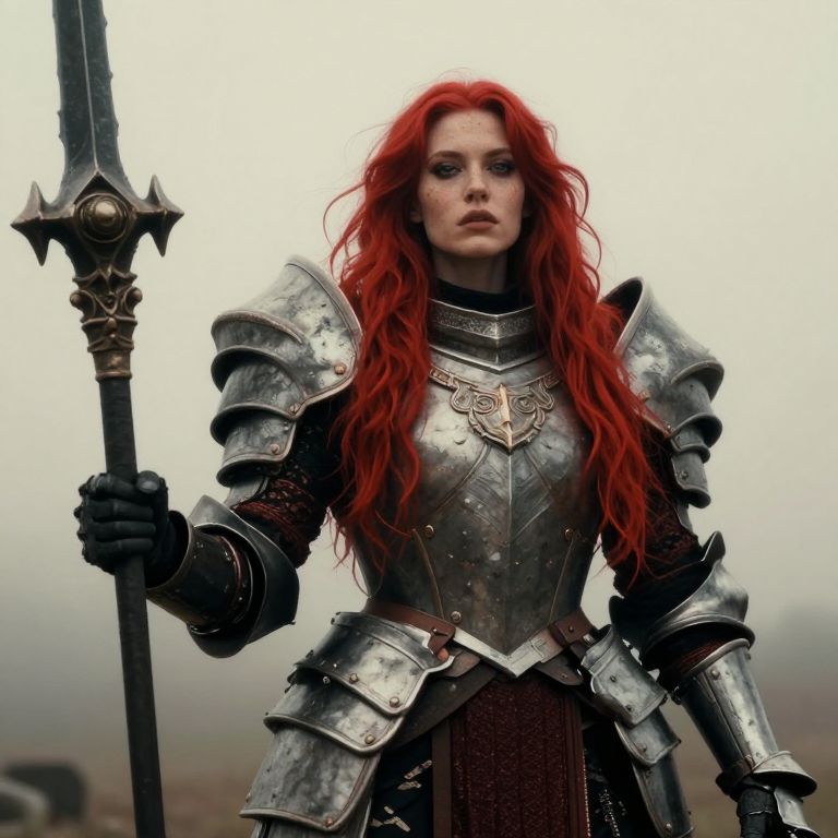 Red-Haired Woman Warrior in Medieval Armor Holding Spear