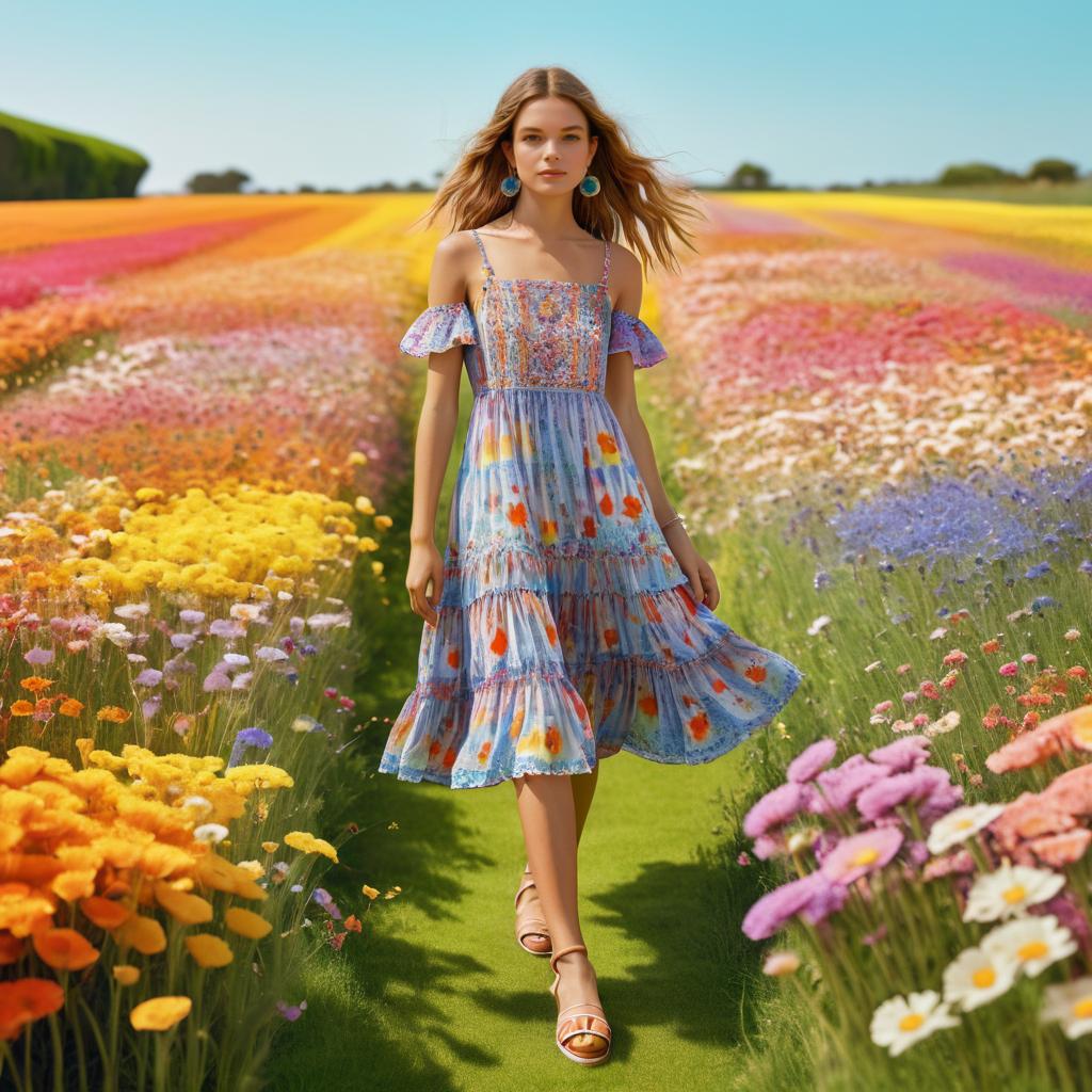 Young Woman in Colorful Dress in Flower Field