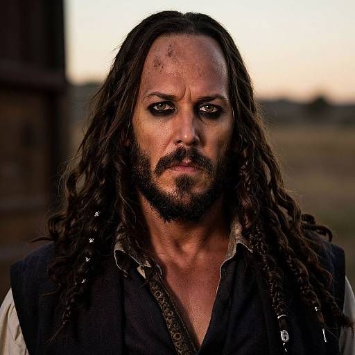 Intense Man with Braided Hair and Dark Eye Makeup in Historical Style
