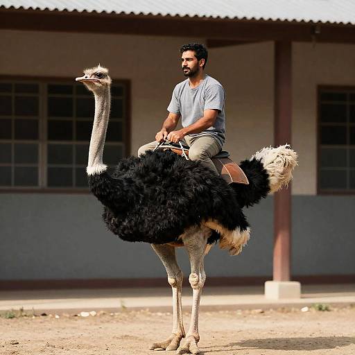 Man Riding Large Ostrich in Front of Building Outdoor