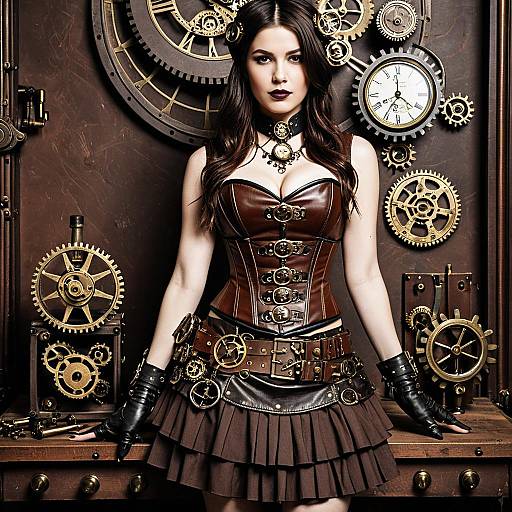 Steampunk Woman in Brown Leather Corset with Clockwork Gears Background