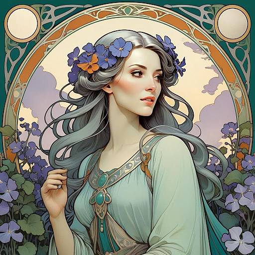 Elegant Woman with Floral Crown in Art Nouveau Style Digital Portrait