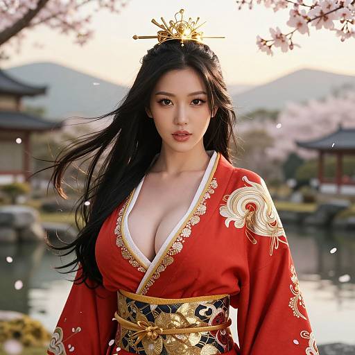 Elegant Woman in Traditional Kimono with Cherry Blossoms in Japanese Garden