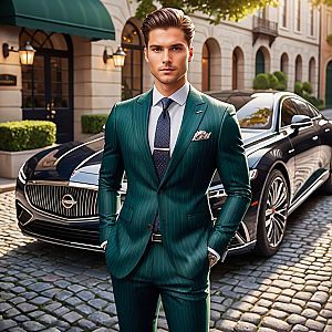 Confident Man in Tailored Dark Green Suit on Cobblestone Street