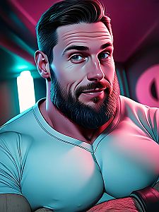 Muscular Man Portrait with Beard in Neon Lighting