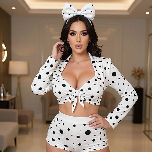 Woman Wearing Polka Dot Crop Top and Shorts with Bow Headband